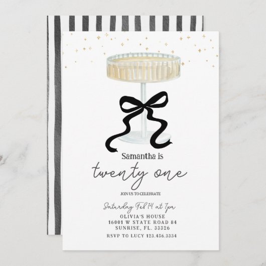 Black Bow Champagne Glass Party Invite Kaart (Voorkant / Achterkant)