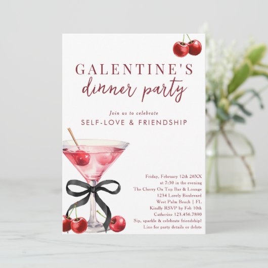 Black Bow Cherry Martini Galentines Dinner Party Kaart (Staand voorkant)