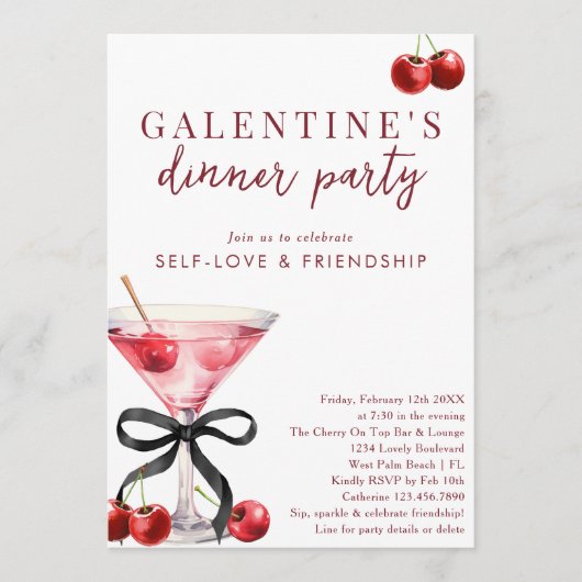 Black Bow Cherry Martini Galentines Dinner Party Kaart (Voorkant)