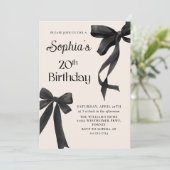 Black Bow Coquette 20e verjaardag Uitnodiging (Staand voorkant)