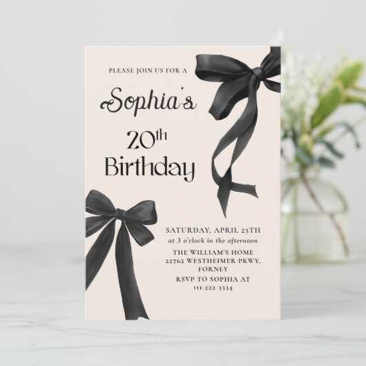 Black Bow Coquette 20e verjaardag Uitnodiging (Staand voorkant)