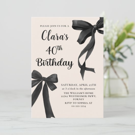 Black Bow Coquette 40e verjaardag Uitnodiging (Staand voorkant)