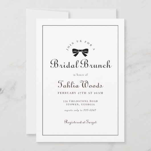 Black Bow Coquette Elegante Bruids Brunch Kaart (Voorkant)
