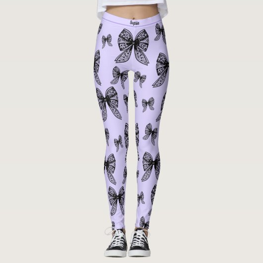 Black Bow Coquette Paarse Trendy Aangepaste Naam Leggings (Voorkant)