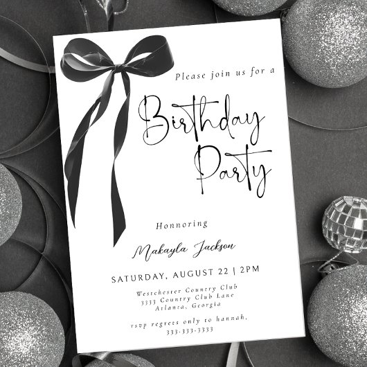 Black Bow Coquette Party Birthday Invitation Kaart