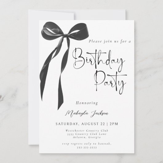Black Bow Coquette Party Birthday Invitation Kaart (Voorkant)