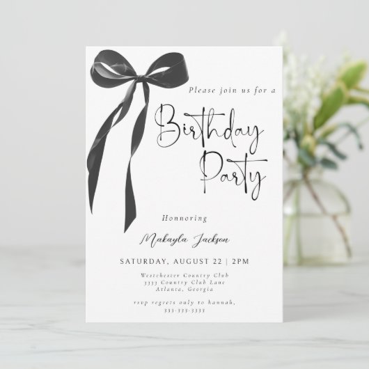 Black Bow Coquette Party Birthday Invitation Kaart (Staand voorkant)