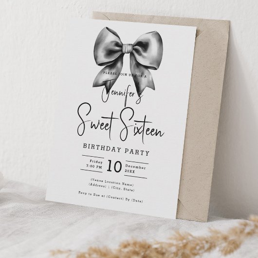 Black Bow Coquette Schattige Script Sweet 16 Kaart