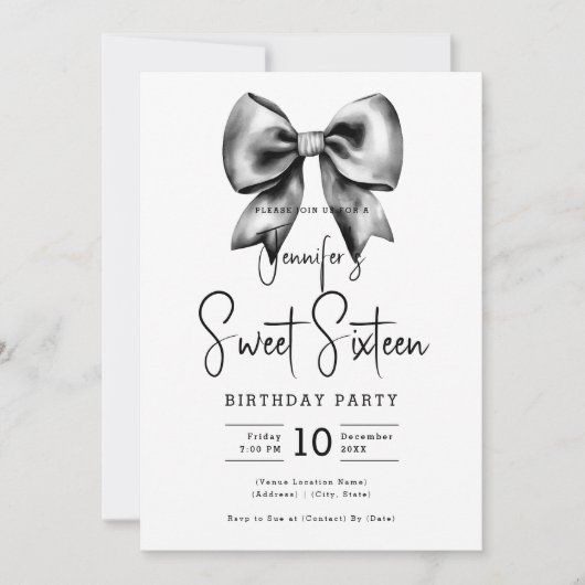Black Bow Coquette Schattige Script Sweet 16 Kaart (Voorkant)
