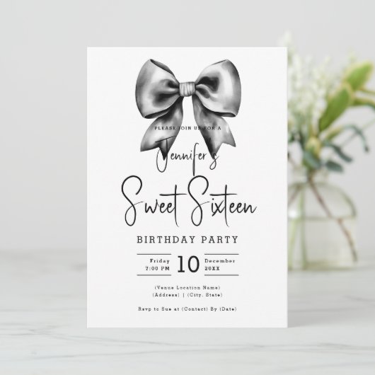 Black Bow Coquette Schattige Script Sweet 16 Kaart (Staand voorkant)