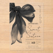Black Bow Coquette Script Sweet 16 Party Acryl Uitnodigingen (Voorkant)