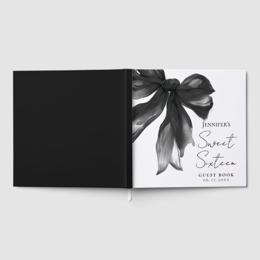 Black Bow Coquette Script Sweet 16 Party Gastenboek (Volledig)