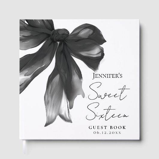 Black Bow Coquette Script Sweet 16 Party Gastenboek (Voorkant)