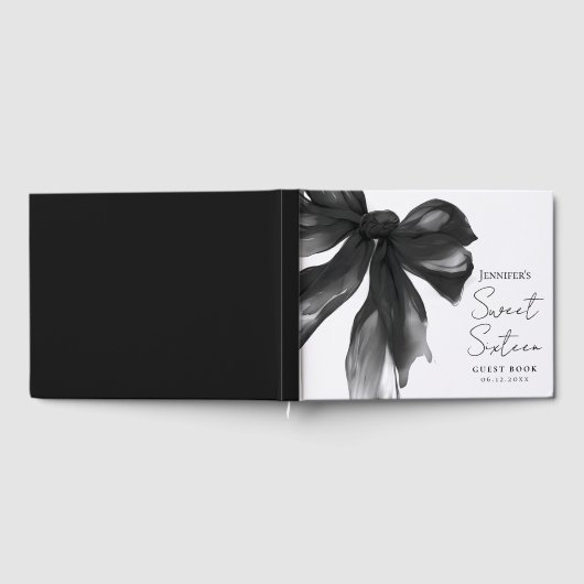 Black Bow Coquette Script Sweet 16 Party Gastenboek (Volledig)