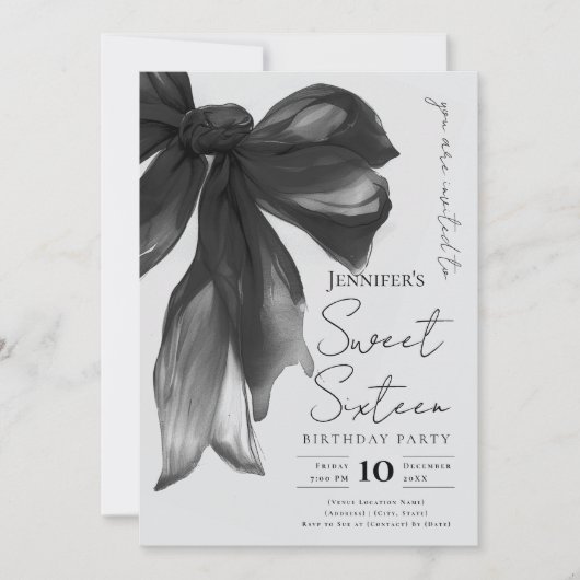 Black Bow Coquette Script Sweet 16 Party Gray  Kaart (Voorkant)