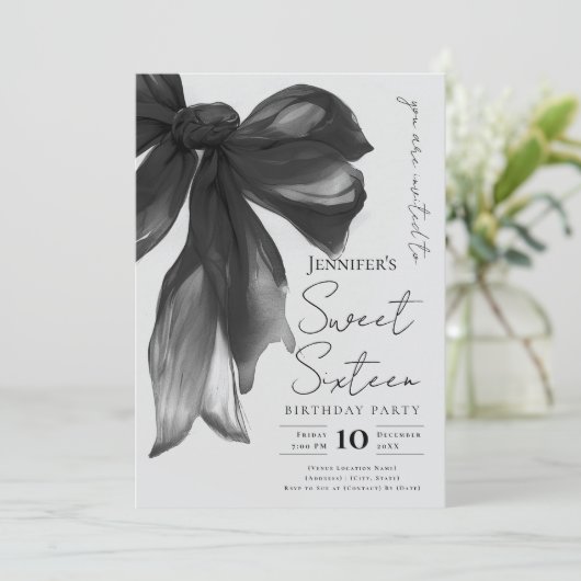 Black Bow Coquette Script Sweet 16 Party Gray  Kaart (Staand voorkant)