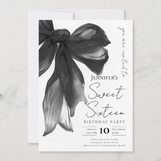 Black Bow Coquette Script Sweet 16 Party Kaart (Voorkant)