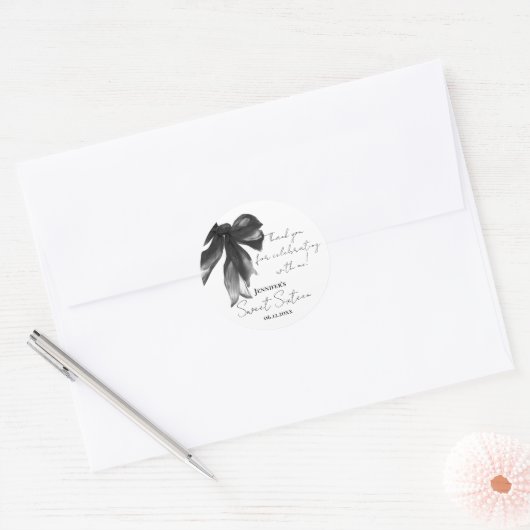 Black Bow Coquette Script Sweet 16 Thank You Ronde Sticker (Envelop)
