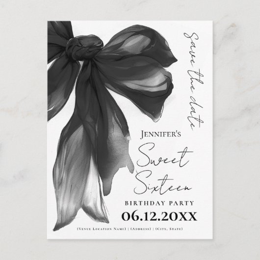 Black Bow Coquette Sweet 16 Save the Date Briefkaart (Voorkant)
