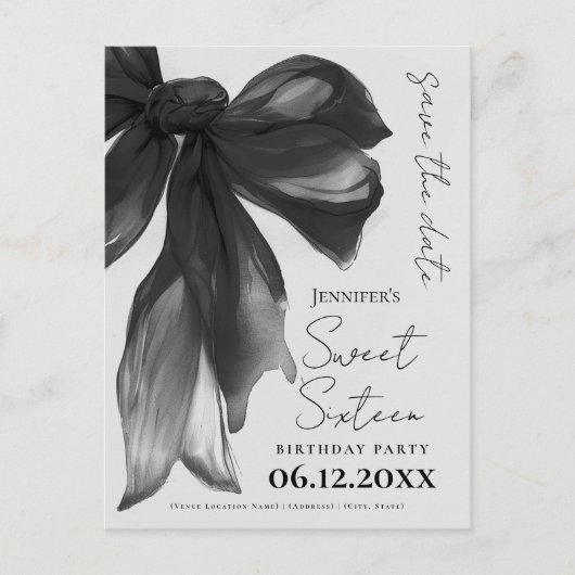 Black Bow Coquette Sweet 16 Save the Date Grey Briefkaart (Voorkant)