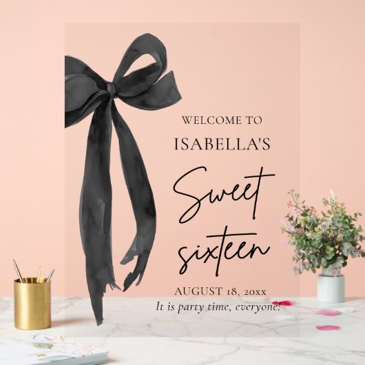 Black Bow Coquette Sweet 16 Verjaardag Welkom Acryl Bord (Huwelijk)