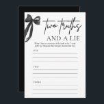 Black Bow Coquette Twee waarheden en een leugenspe Kaart<br><div class="desc">Voeg wat plezier en gelach toe aan het vrijgezellenfeest met deze Black Bow Coquette "Two Truths and a Lie" -game 🖤🎀! Gasten zullen om de beurt twee waargebeurde feiten en een leugen over zichzelf delen, terwijl anderen proberen te raden welke vals is! 💕 Met een chique en stijlvolle zwarte strik...</div>