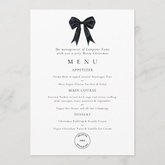 Black Bow Corporate Logo Christmas Party Menu Card Kaart (Voorkant)