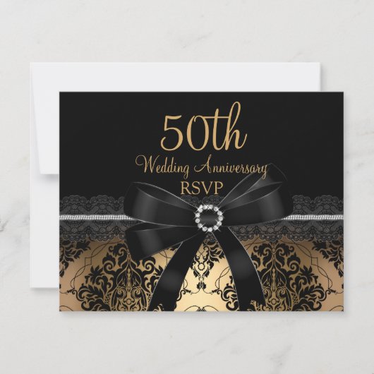 Black Bow & Damask Gold 50e Jubileum RSVP (Voorkant)