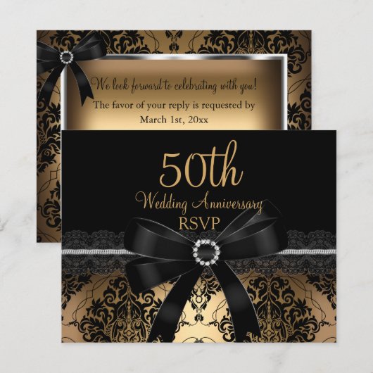 Black Bow & Damask Gold 50e Jubileum RSVP (Voorkant / Achterkant)