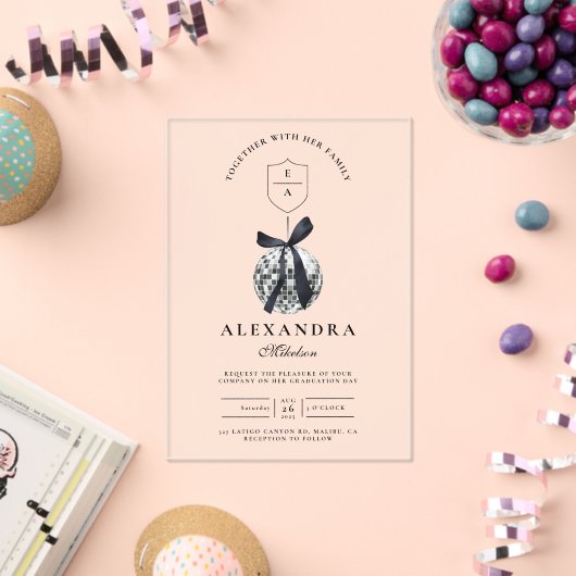 Black Bow Disco Ball Afstudeerfeest Acryl Uitnodigingen (Insitu (Viering))