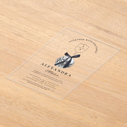 Black Bow Disco Ball Afstudeerfeest Acryl Uitnodigingen (Laagn)