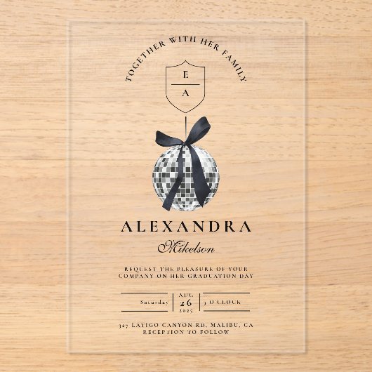 Black Bow Disco Ball Afstudeerfeest Acryl Uitnodigingen (Voorkant)