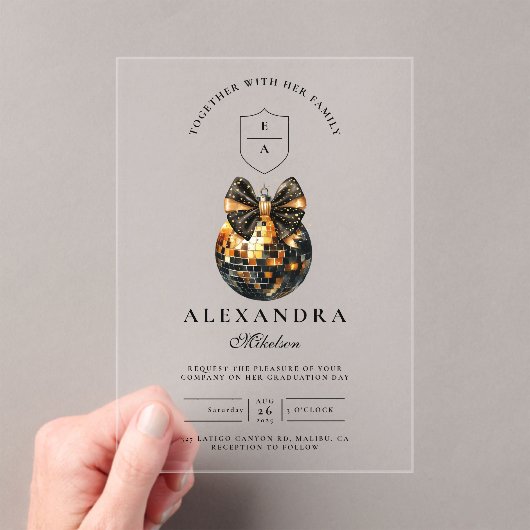 Black Bow Disco Ball Afstudeerfeest Acryl Uitnodigingen (Insitu (Draagbaar))