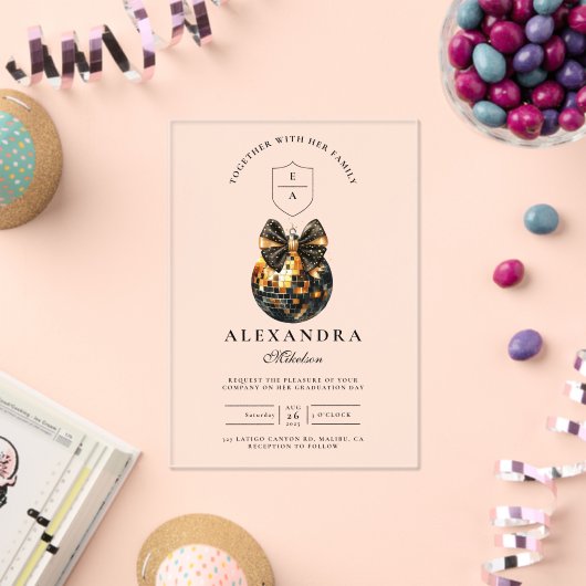 Black Bow Disco Ball Afstudeerfeest Acryl Uitnodigingen (Insitu (Viering))