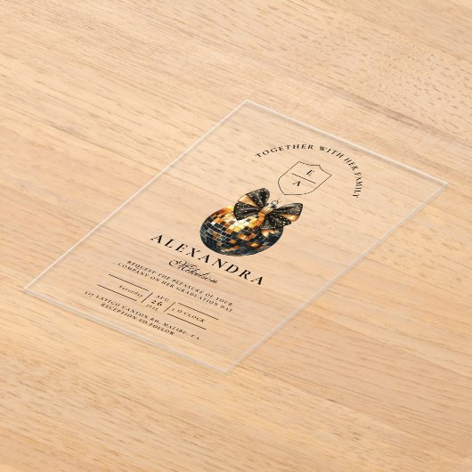 Black Bow Disco Ball Afstudeerfeest Acryl Uitnodigingen (Laagn)