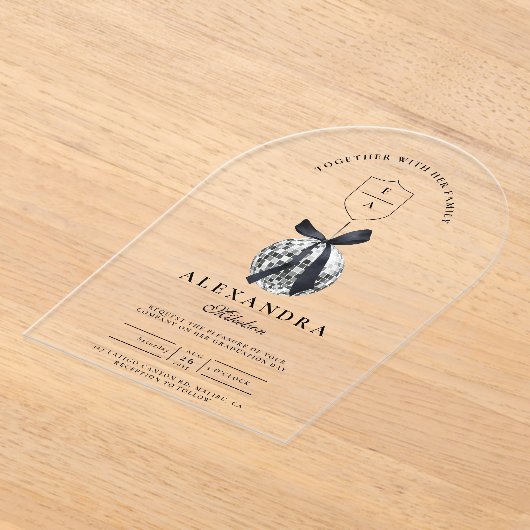 Black Bow Disco Ball Afstudeerfeest Acryl Uitnodigingen (Laagn)