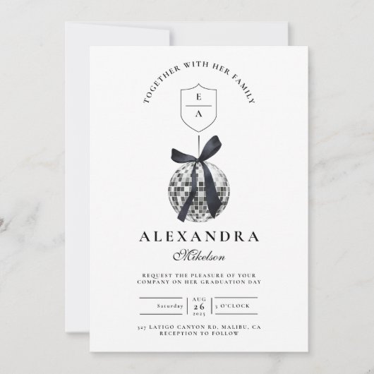 Black Bow Disco Ball Afstudeerfeest Kaart (Voorkant)