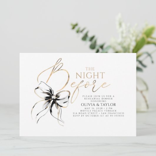Black Bow Elegant Modern Chic Rehearsal Dinner Kaart (Staand voorkant)