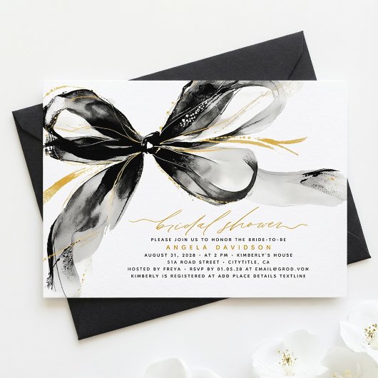 Black Bow Elegant Romantic Modern Bridal Shower Kaart
