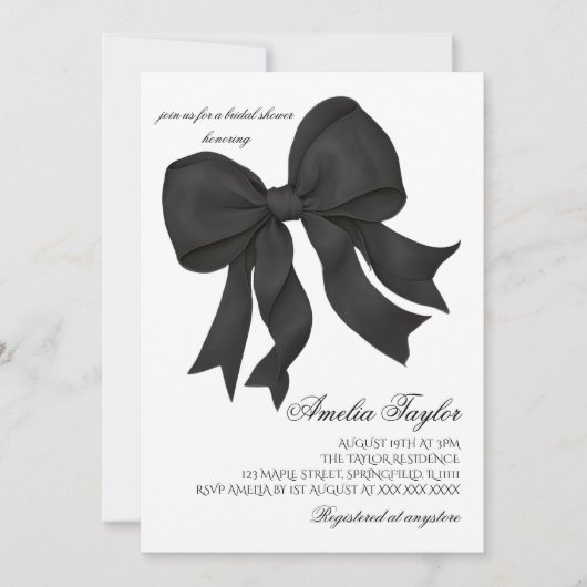 Black Bow Elegante Bruids Douche Uitnodiging (Voorkant)