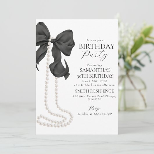 Black Bow en Pearl 30e verjaardag uitnodiging (Staand voorkant)