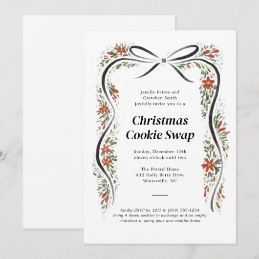 Black Bow en Poinsettias kerstvakantie Kaart (Voorkant / Achterkant)