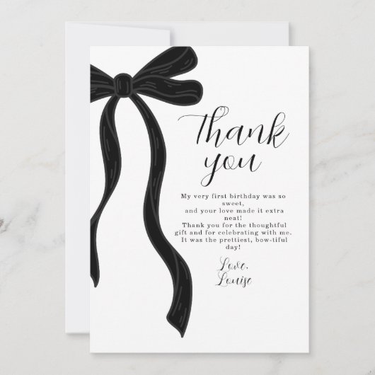 Black Bow First Birthday Coquette Thank You Card Bedankkaart (Voorkant)