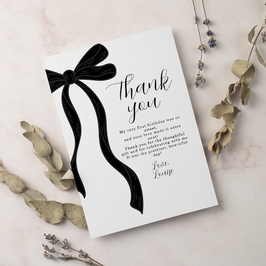 Black Bow First Birthday Coquette Thank You Card Bedankkaart