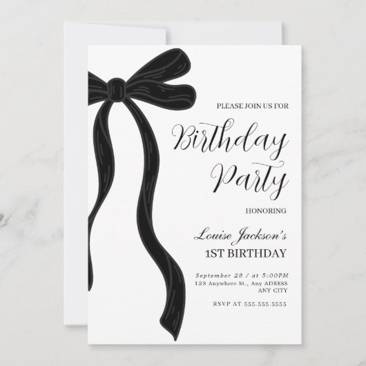 Black Bow First Birthday Party Invitation Kaart (Voorkant)