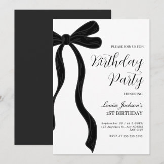 Black Bow First Birthday Party Invitation Kaart
