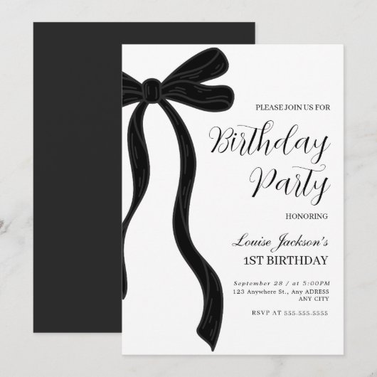 Black Bow First Birthday Party Invitation Kaart (Voorkant / Achterkant)