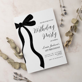 Black Bow First Birthday Party Invitation Kaart