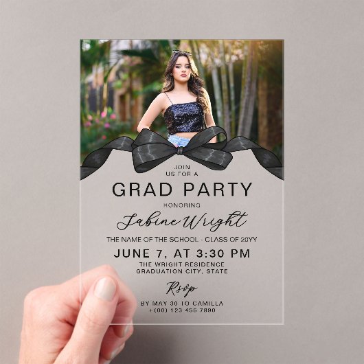Black Bow Foto Afstudeerfeest Acryl Uitnodigingen (Insitu (Draagbaar))