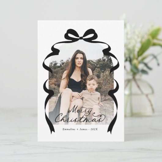 Black Bow Foto Vrolijke Kerstboog Feestdagenkaart (Staand voorkant)